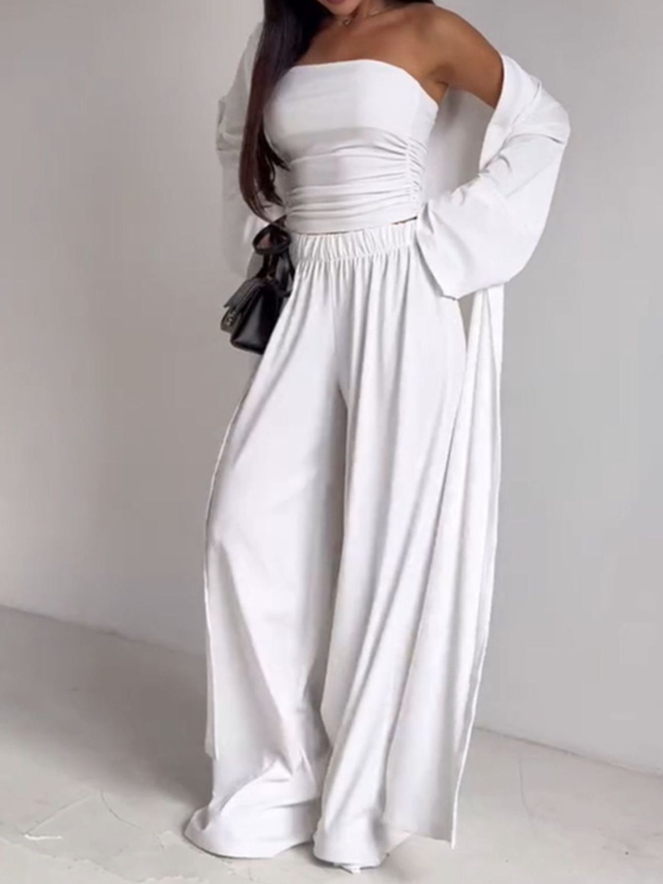 Women Three Piece Tube Top Cardigan and Wide Leg Pants Set