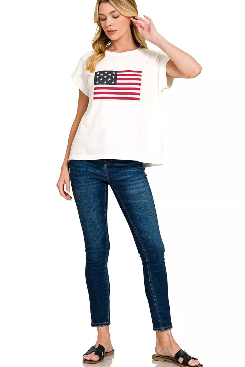 White USA Flag Print Round Neck Short Sleeve Patriotic T-Shirt