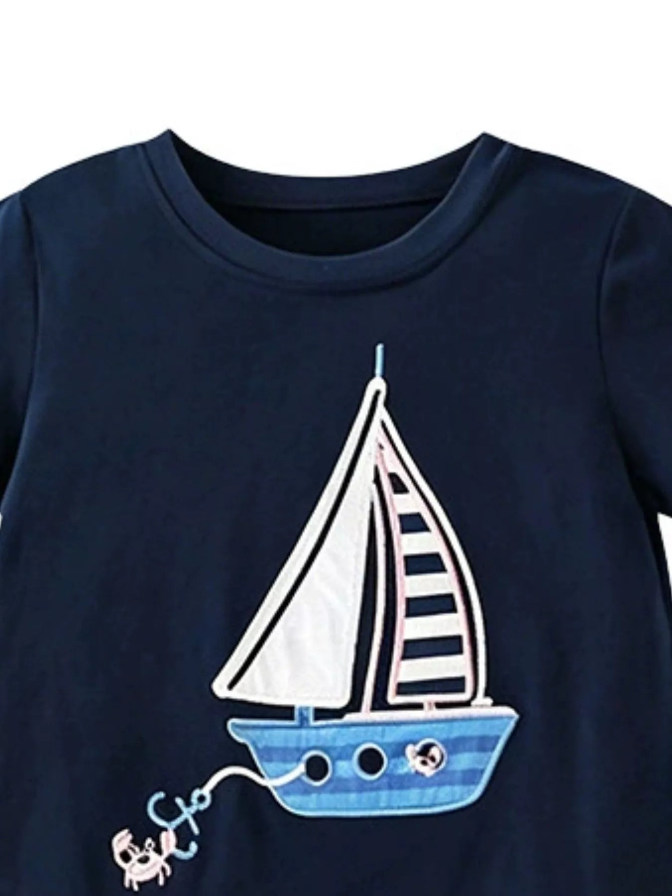 Boys Navy Blue Cotton Sailboat Graphic Round Neck T-Shirt