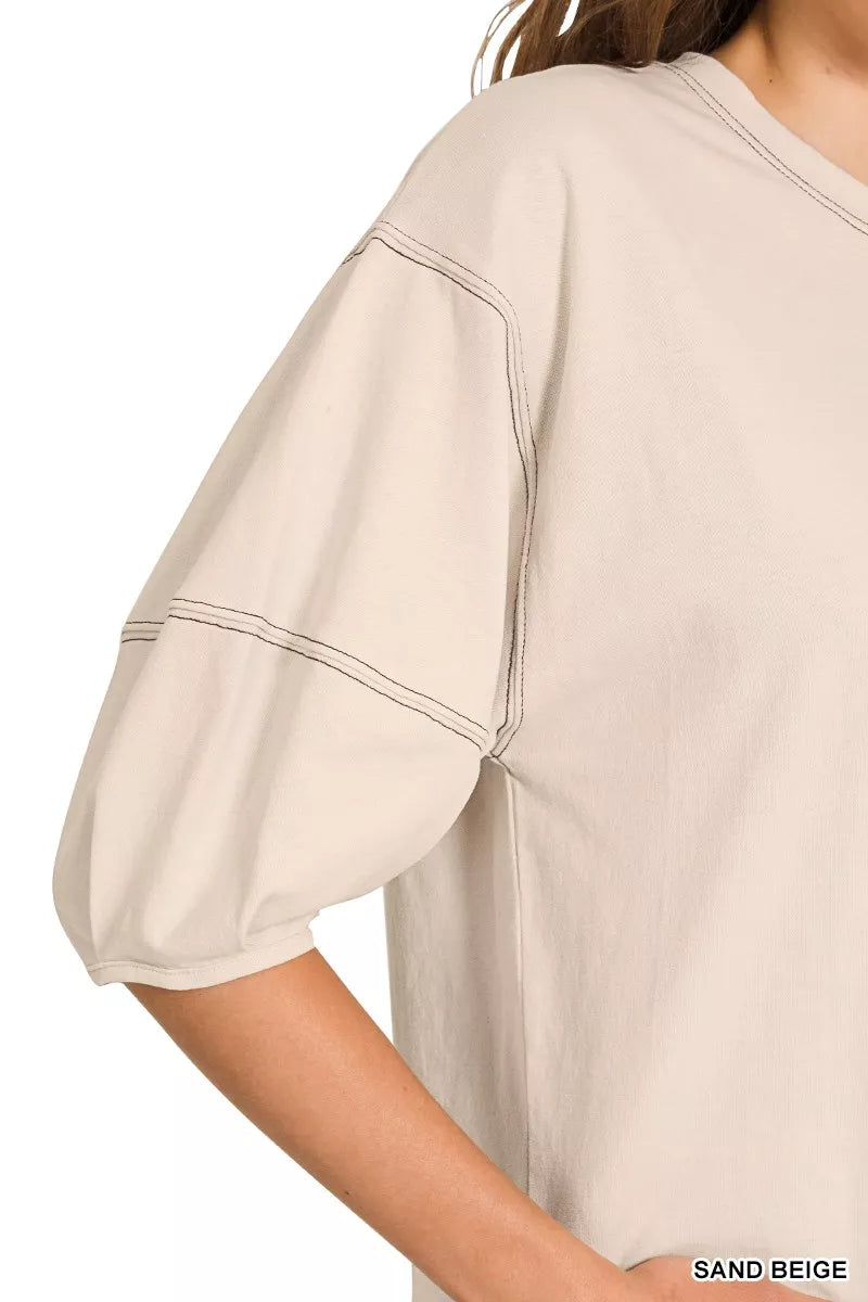 Zenana Balloon Sleeve Top | Cotton Contrast Stitching Tee