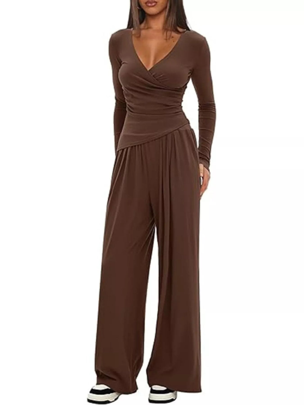 Women's Casual Long Sleeve V-Neck Top and Wide Leg Pants Lounge Set
