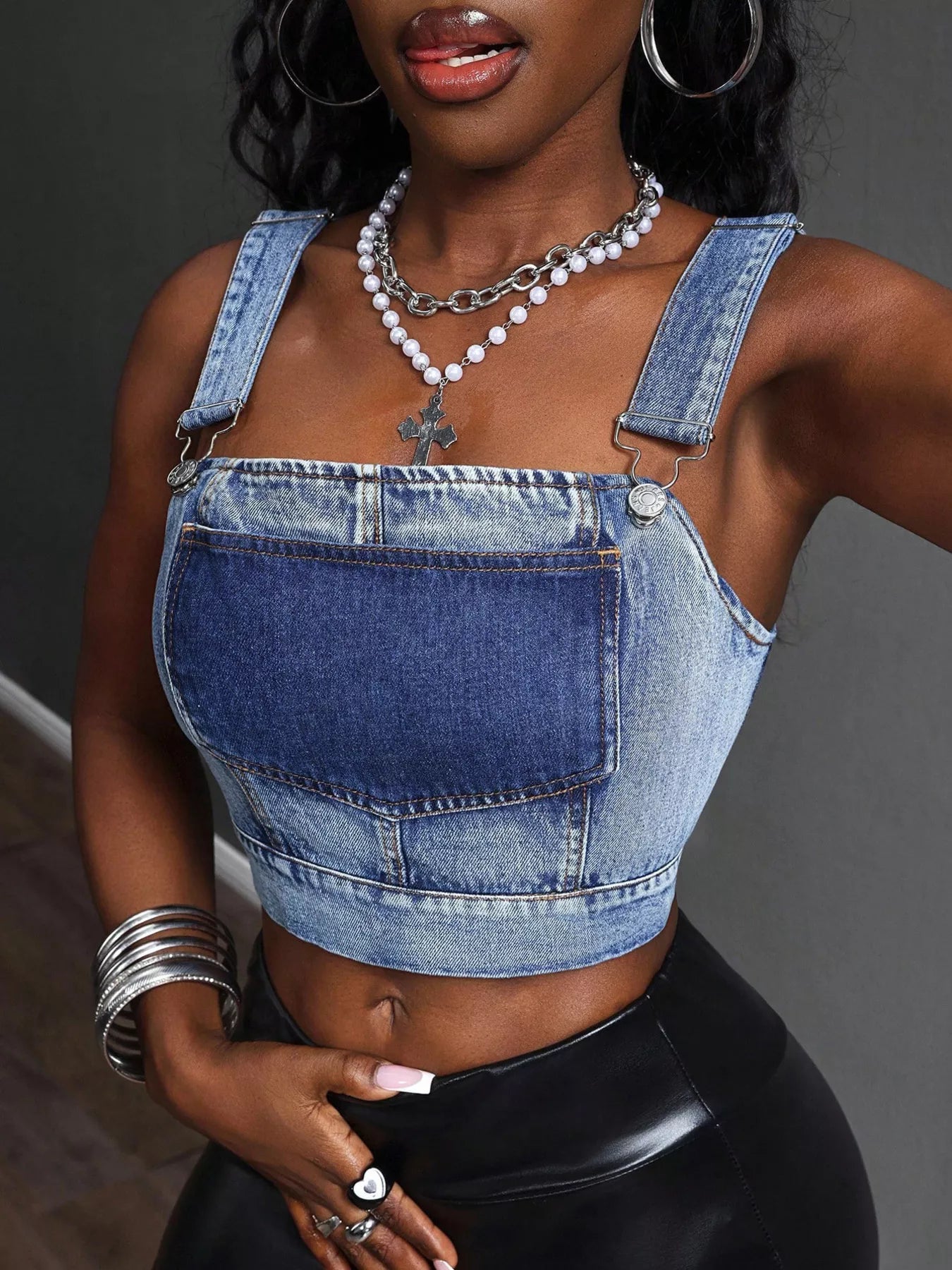 Blue Denim Cropped Tank Top with Adjustable Straps