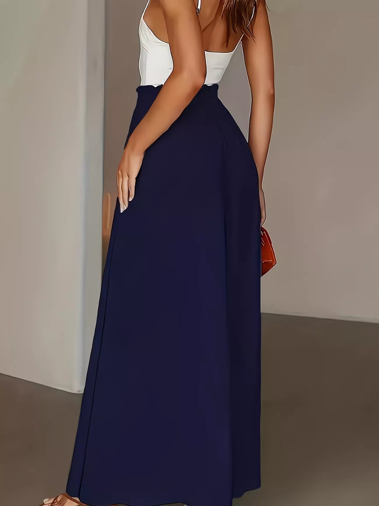 Beige High-Waisted Wide-Leg Pants with Button Detail