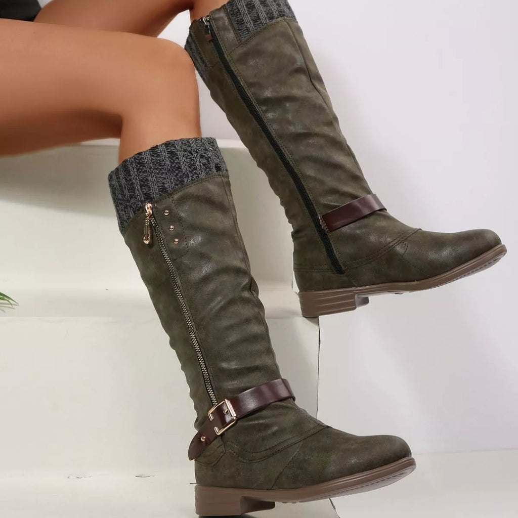 Women Black Suede Mid-Calf Boots with Knit Cuff and Buckle Detail