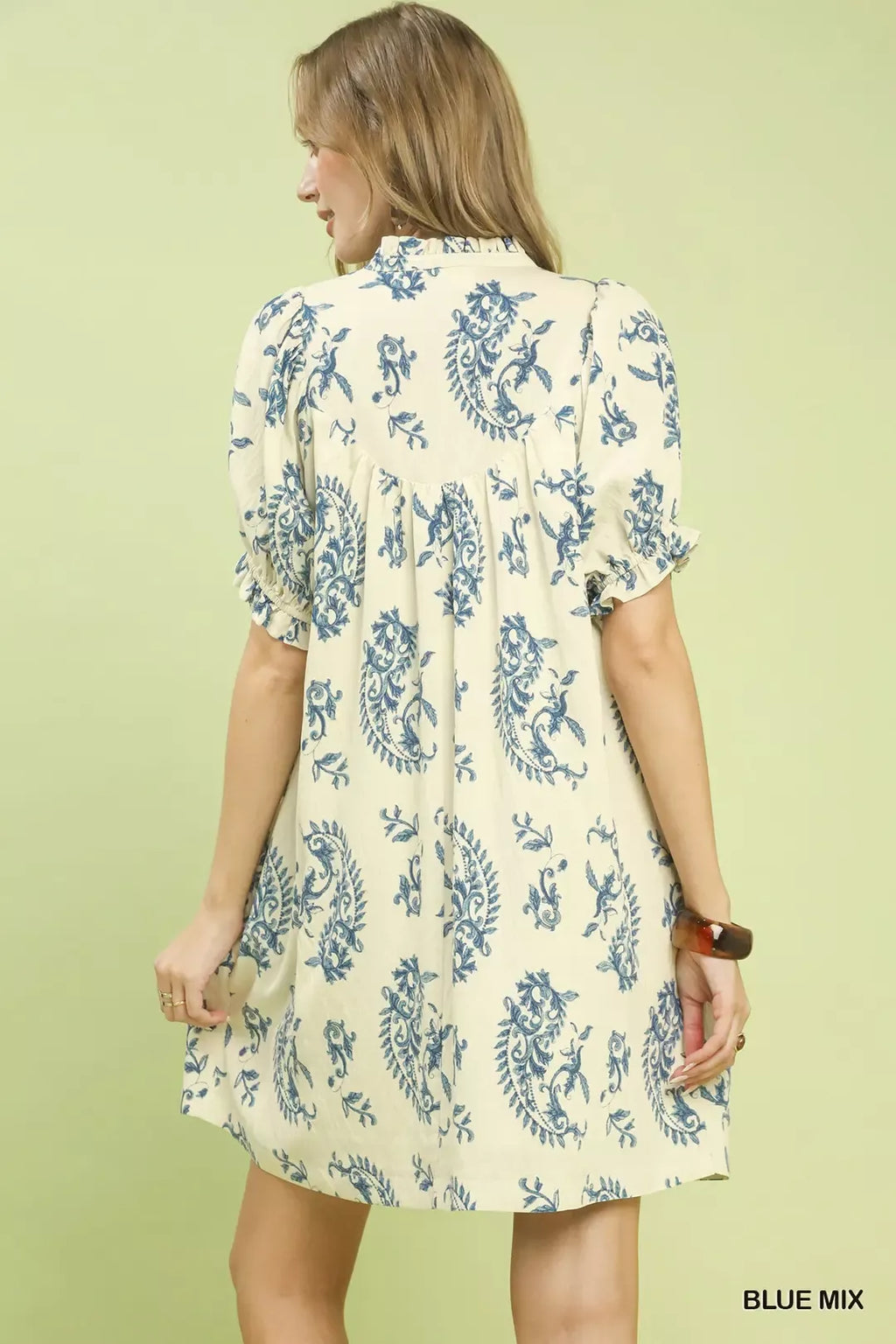 Blue Mix Paisley Print Scallop Trim Short Sleeve Mini Dress