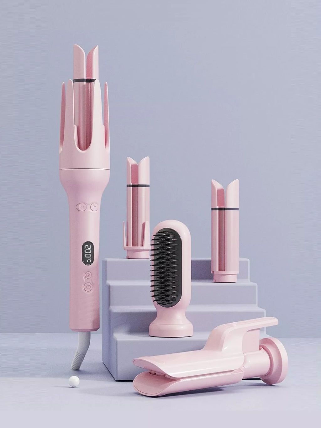 Pink 5-in-1 Ceramic Hair Curling Iron with Negative Ion Tech