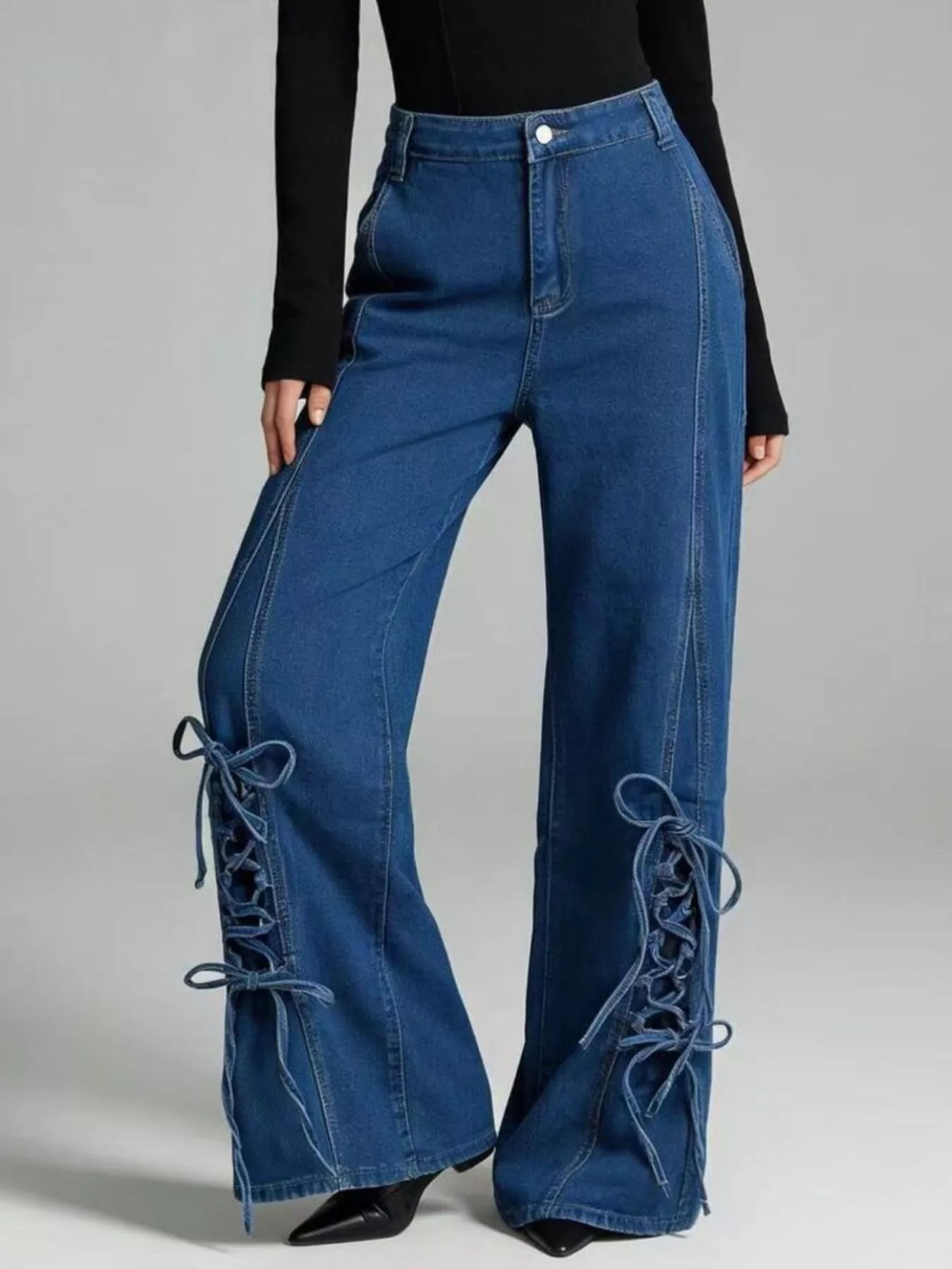 Women's Wide Leg Denim Jeans with Side Lace-Up Detail