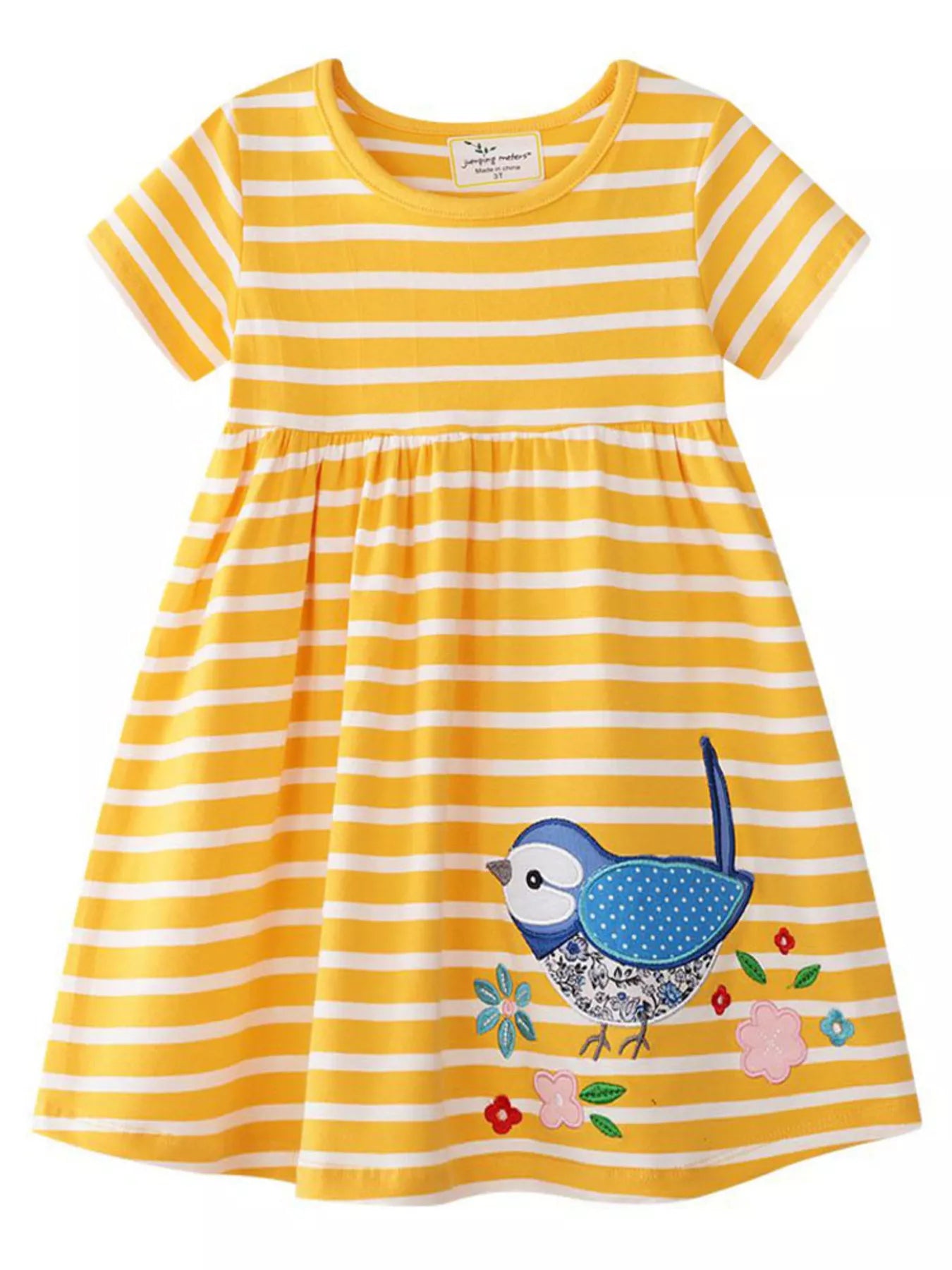 Yellow Striped Short Sleeve Casual Dress with Bird Embroidery