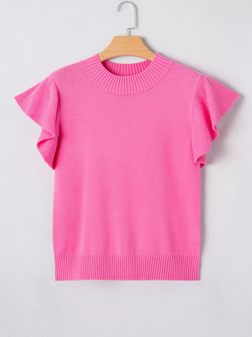 Hot Pink Ruffle Sleeve Round Neck Knit Sweater