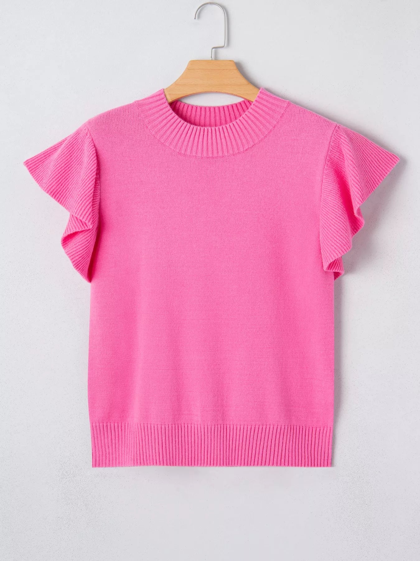 Hot Pink Ruffle Sleeve Round Neck Knit Sweater