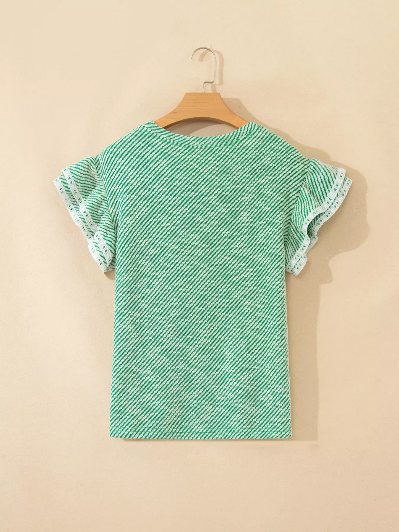 Green Striped Blouse with Ruffled Lace Trim Short Sleeves
