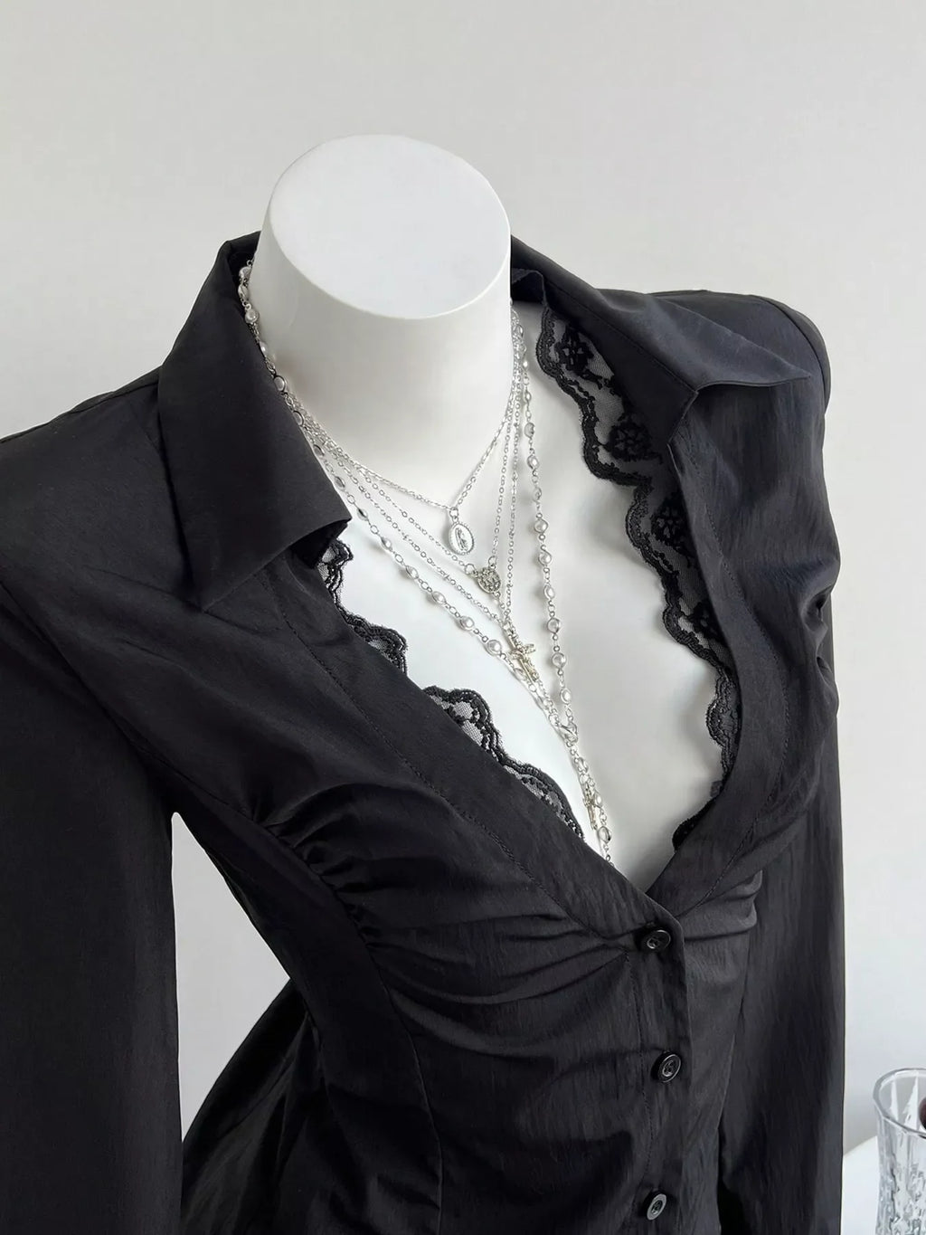 Black Lace Trim Ruched Slim Fit Button Down Shirt