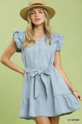 Light Denim Chambray Mini Dress with Ruffled Sleeves and Belt