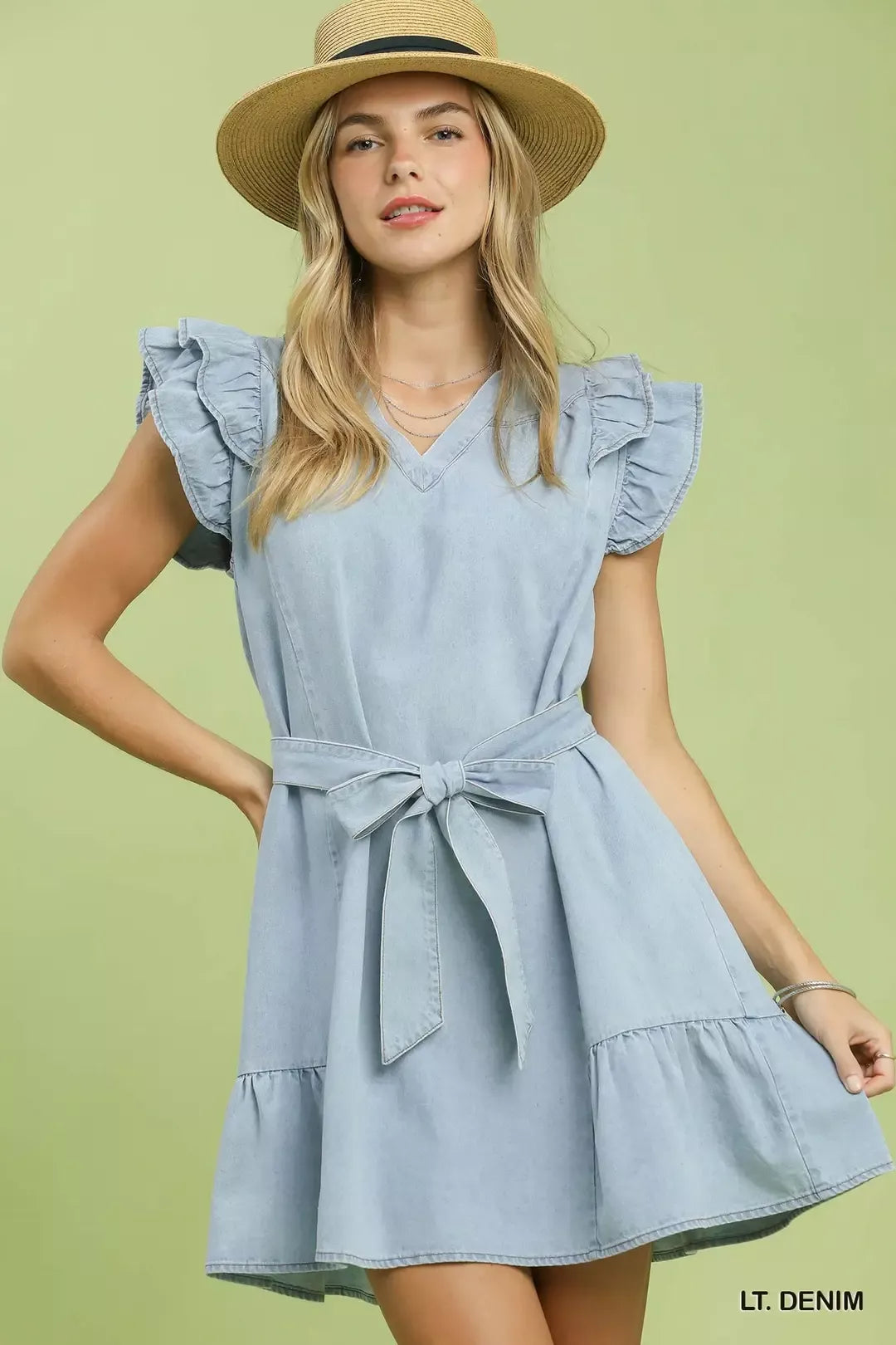 Light Denim Chambray Mini Dress with Ruffled Sleeves and Belt