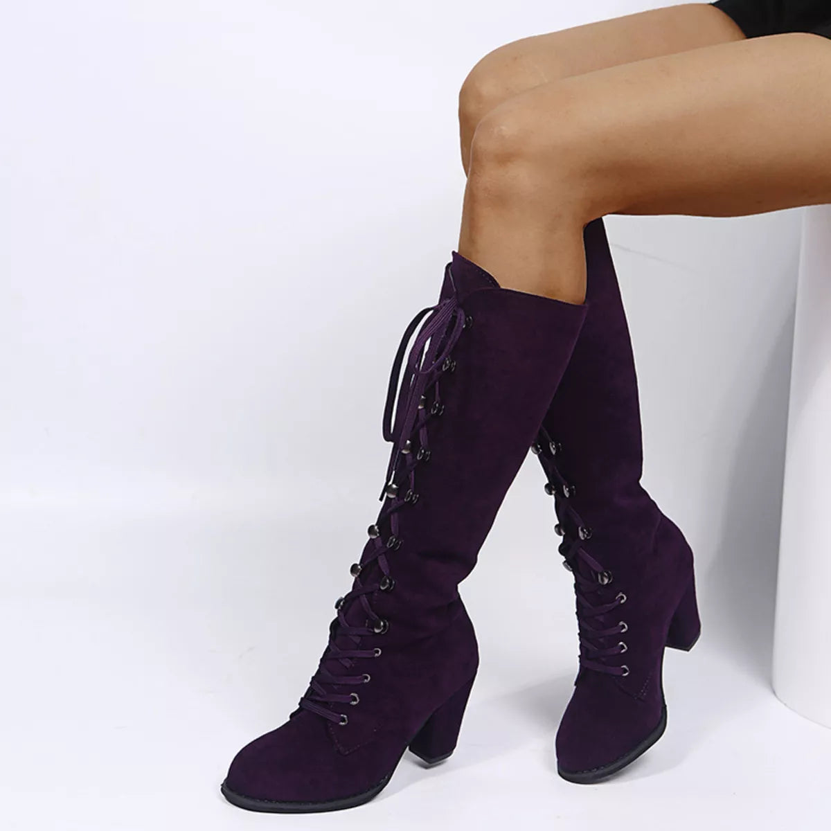 Women's Navy Suede Lace-Up Block Heel Boots