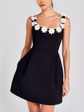 Floral Embellished Sleeveless Black Mini Dress with Pockets