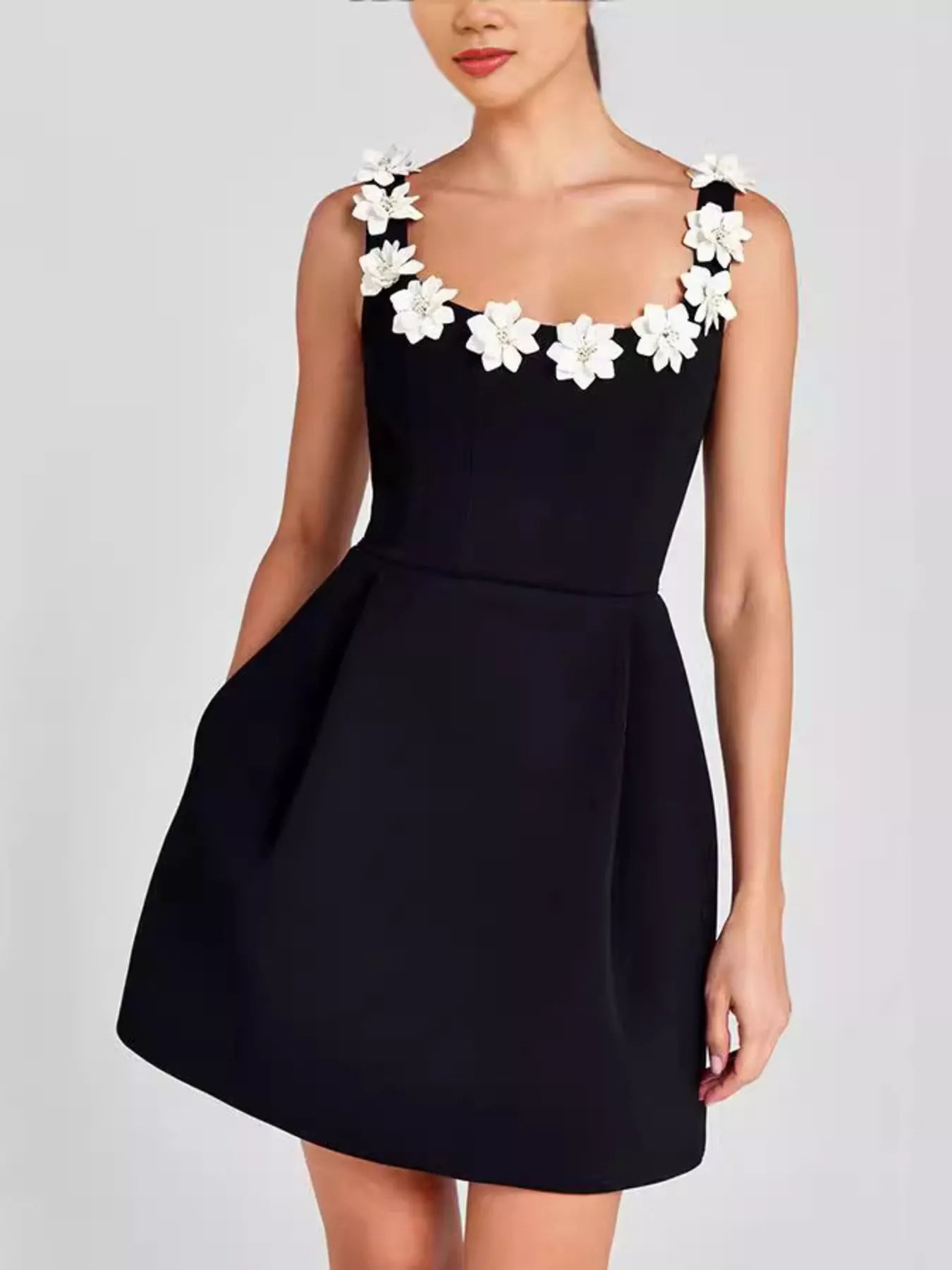 Floral Embellished Sleeveless Black Mini Dress with Pockets