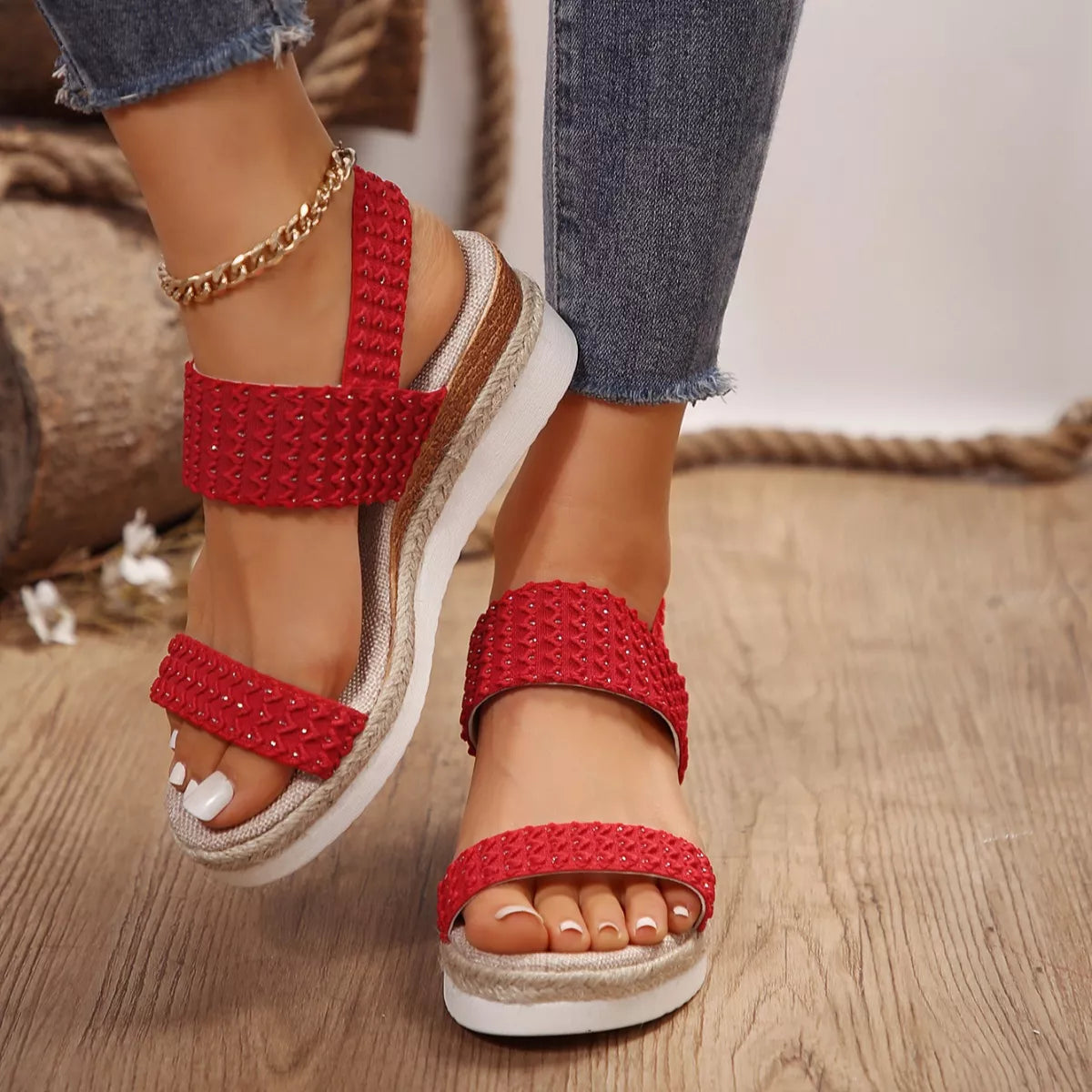Woven Elastic Strap Platform Wedge Sandals