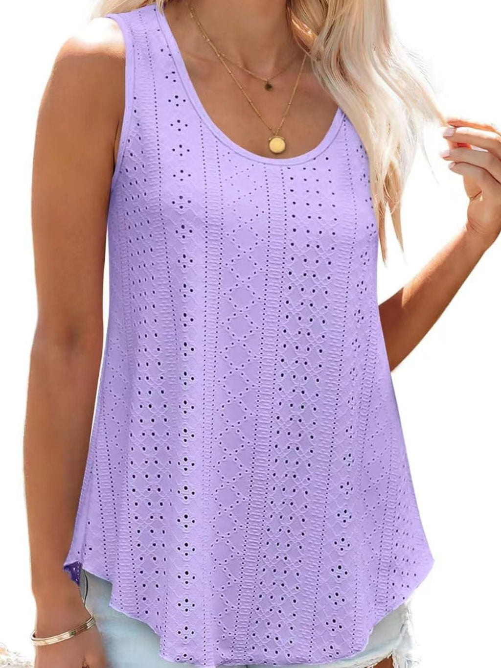Women's Lavender Eyelet Scoop Neck Tank Top Sleeveless Shirt