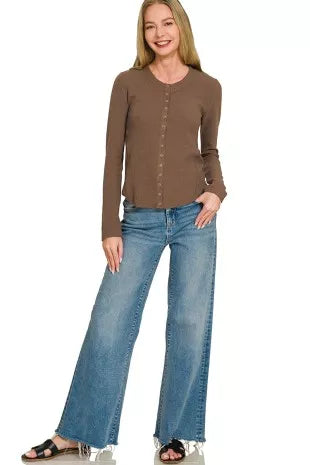 Women's Long Sleeve Snap Button Waffle Knit Top in Brown