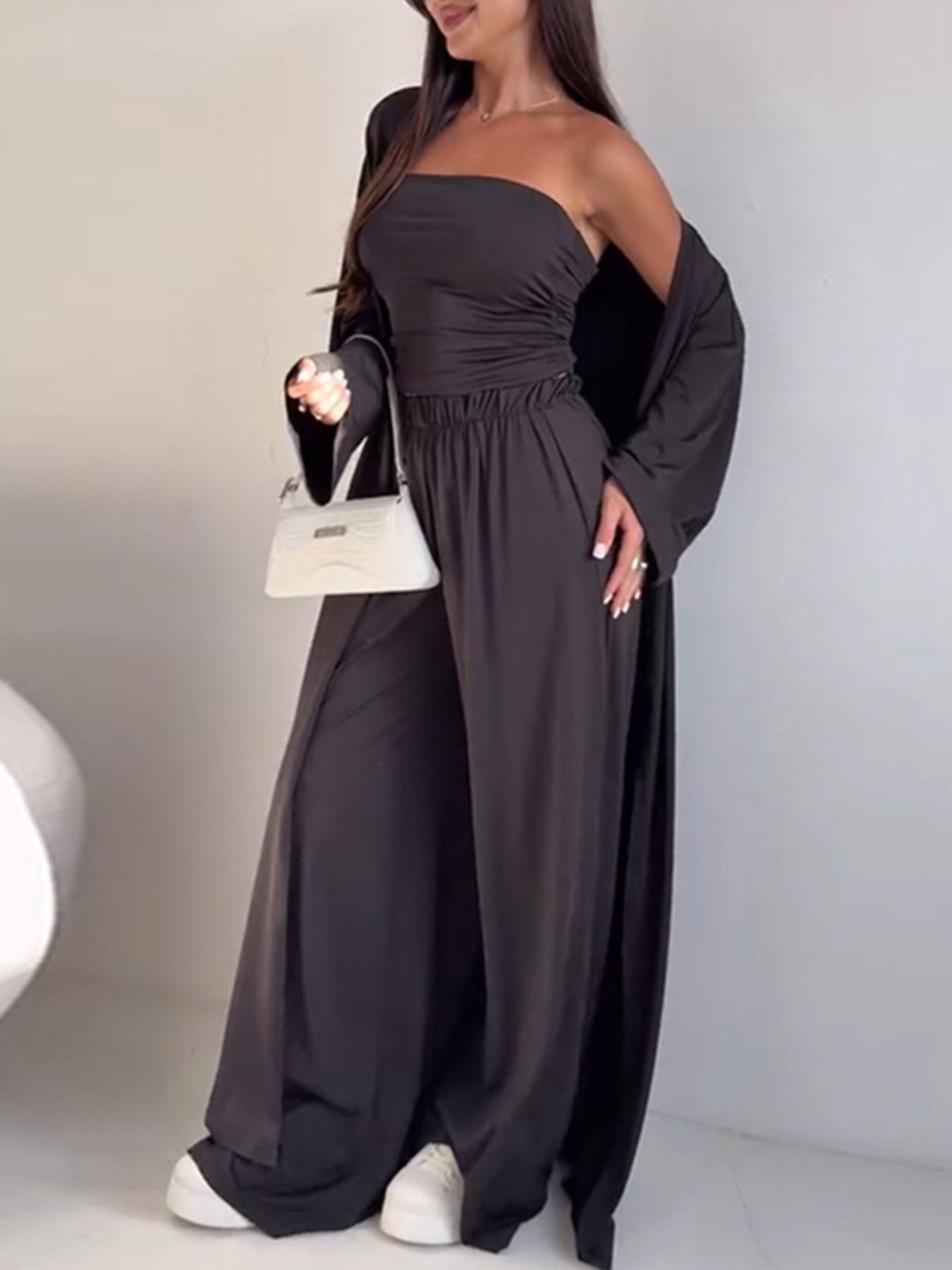 Women Three Piece Tube Top Cardigan and Wide Leg Pants Set