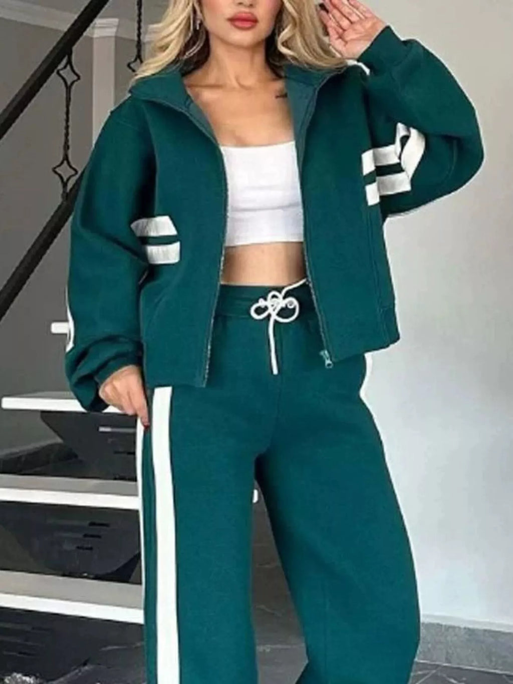 Women White Red Striped Zip Up Track Jacket and Pants Set