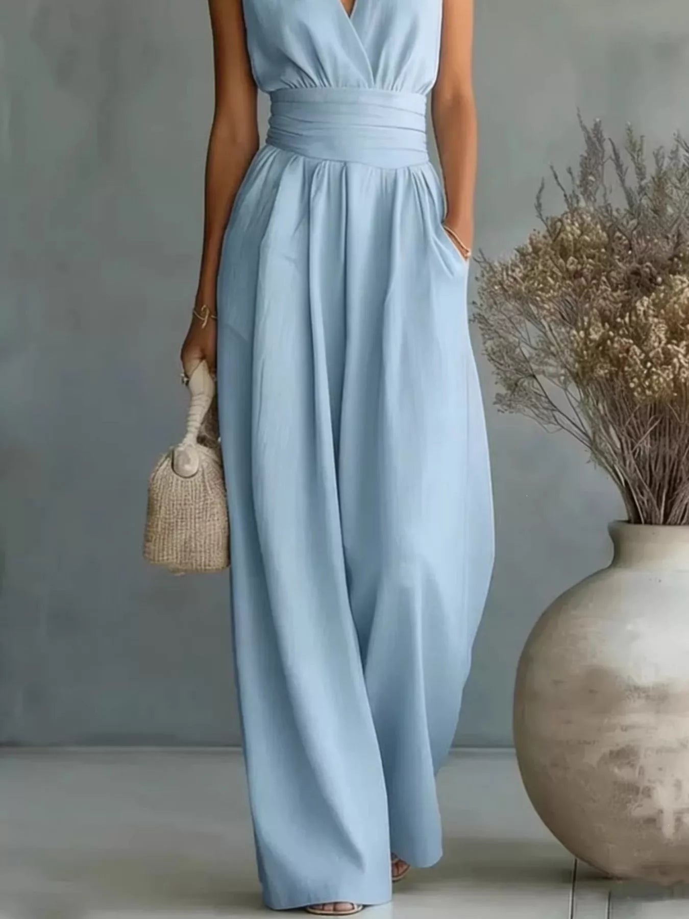 Sleeveless Wide Leg Jumpsuit with Waist Tie in Light Blue