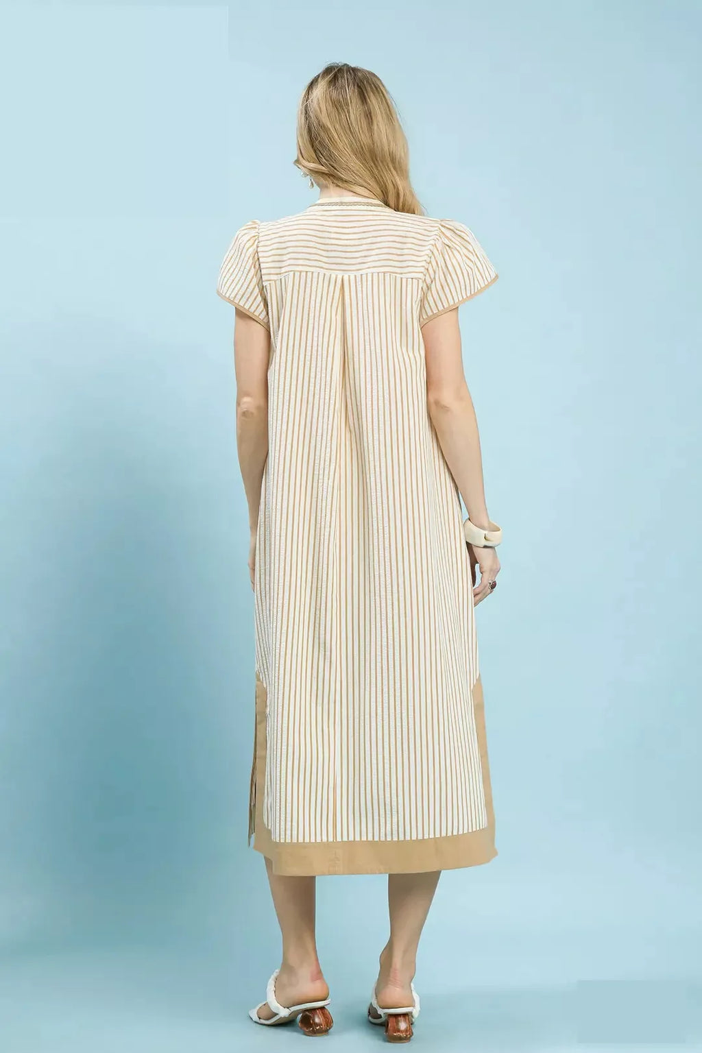 Tan Stripe Midi Dress with Flutter Sleeves and Applique Detail