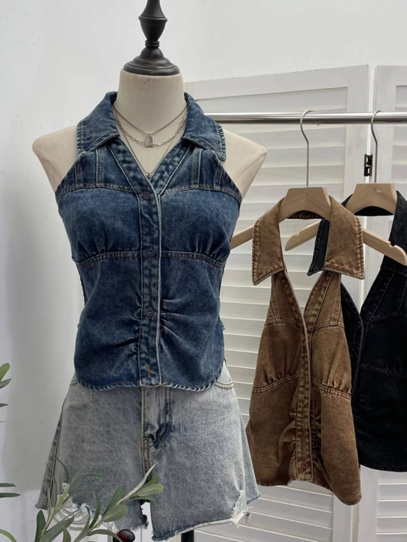 Smocked Denim Halter Collar Top in Blue