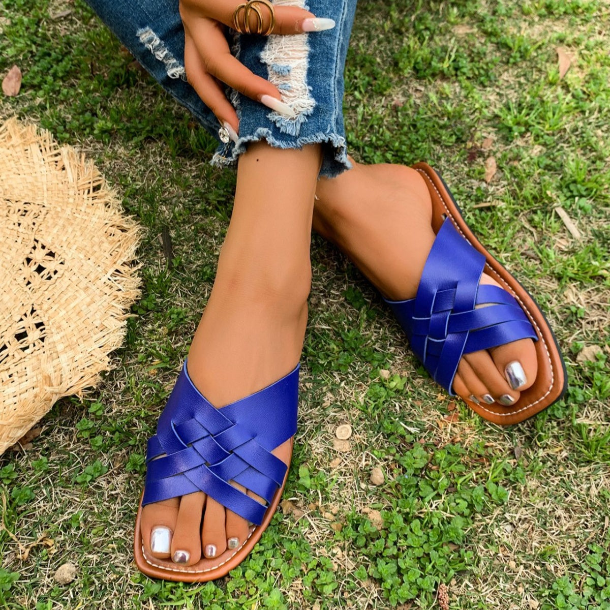 Woven Open Toe Sandals - Leather Bohemian Flats