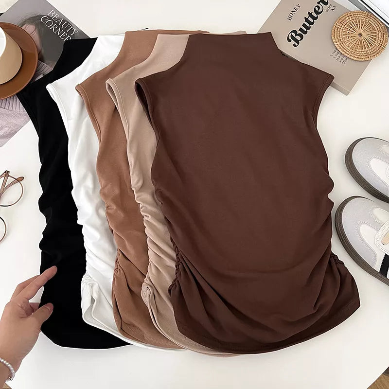 Ruched Mock Neck Sleeveless Tank Top
