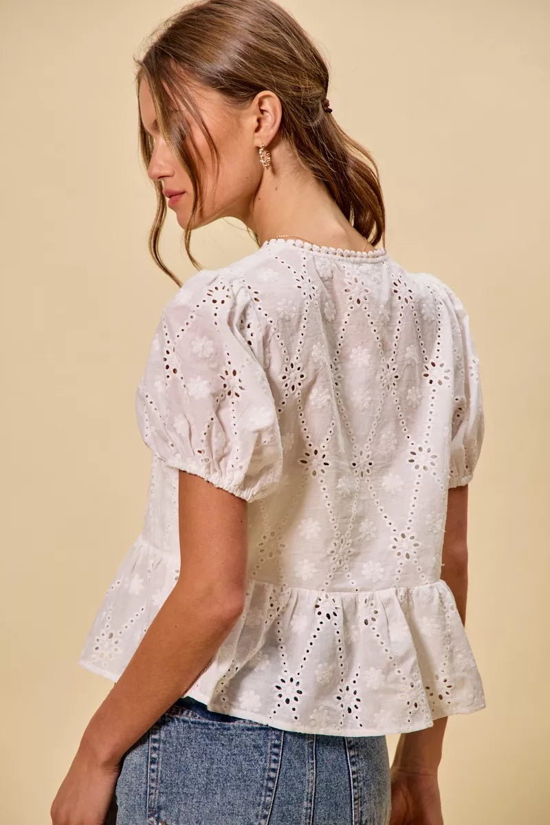 Women's Cotton Eyelet Blouse with Front Tie