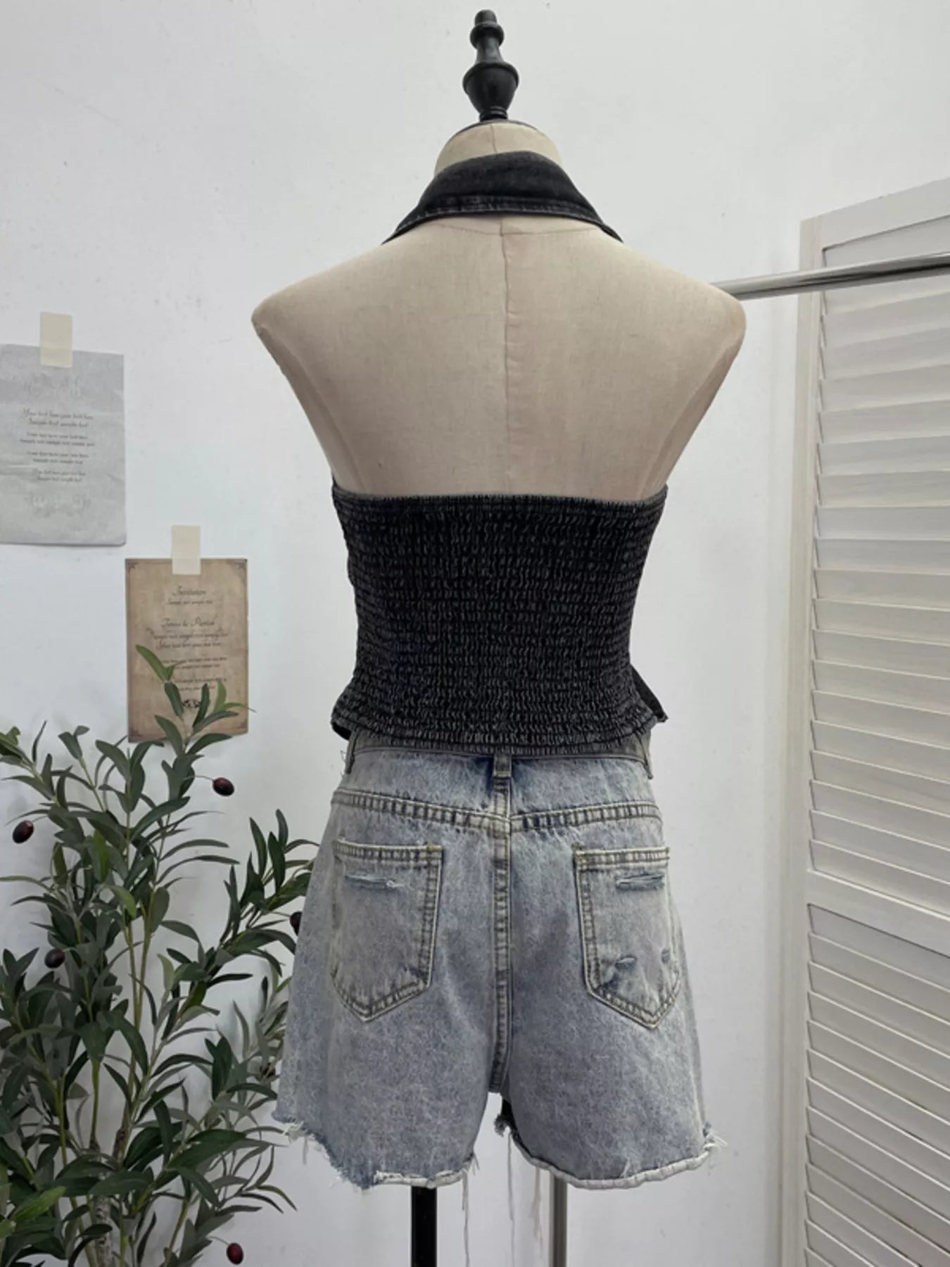 Smocked Denim Halter Collar Top in Blue