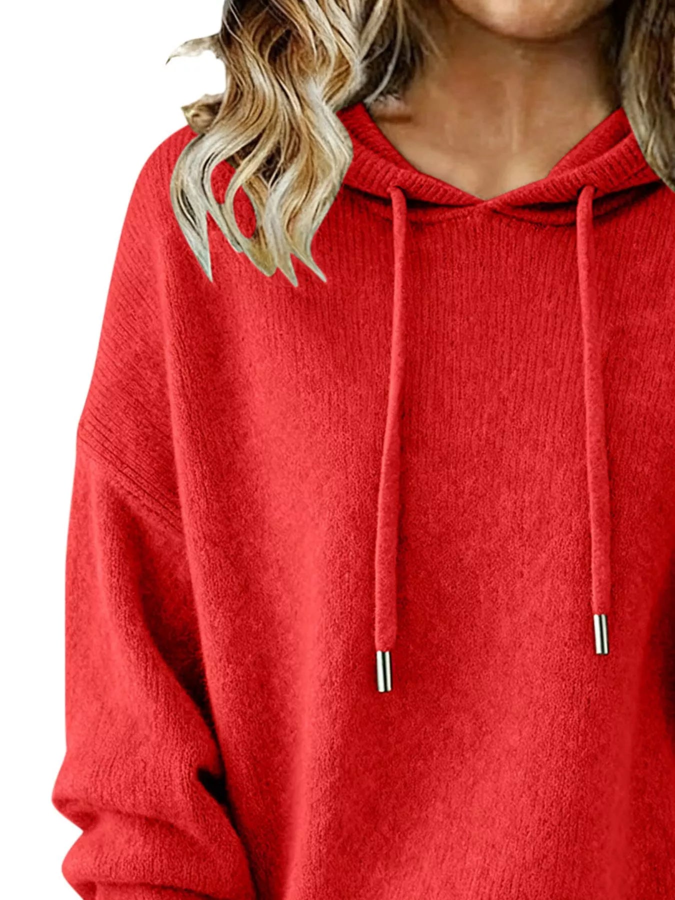 Women Long Sleeve Hooded Knit Sweater Drawstring Pullover