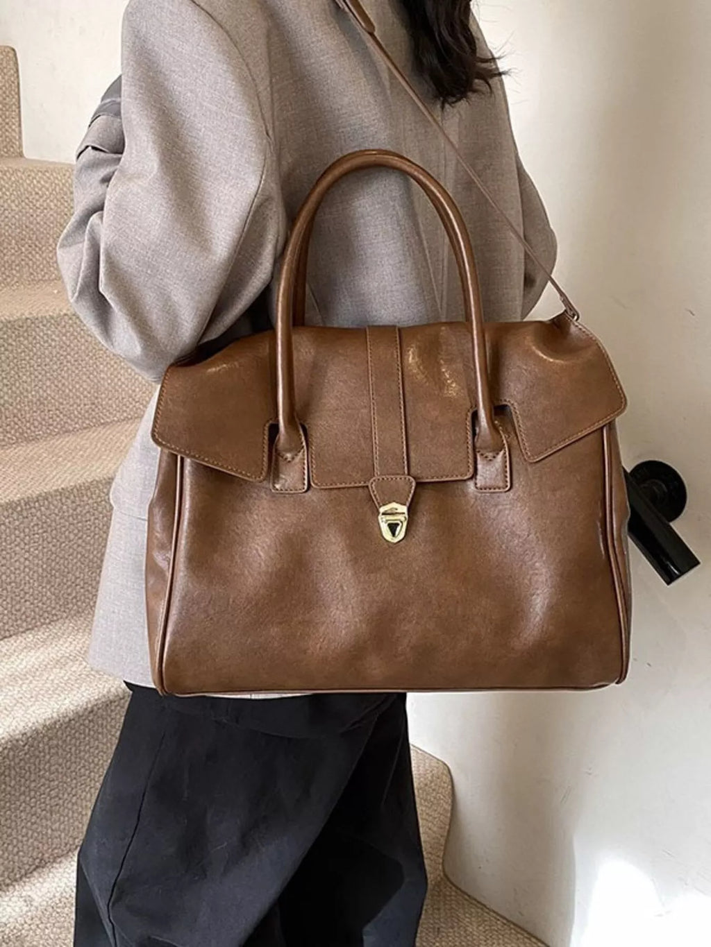 Large Black PU Leather Satchel Bag with Gold Tone Buckle Detail