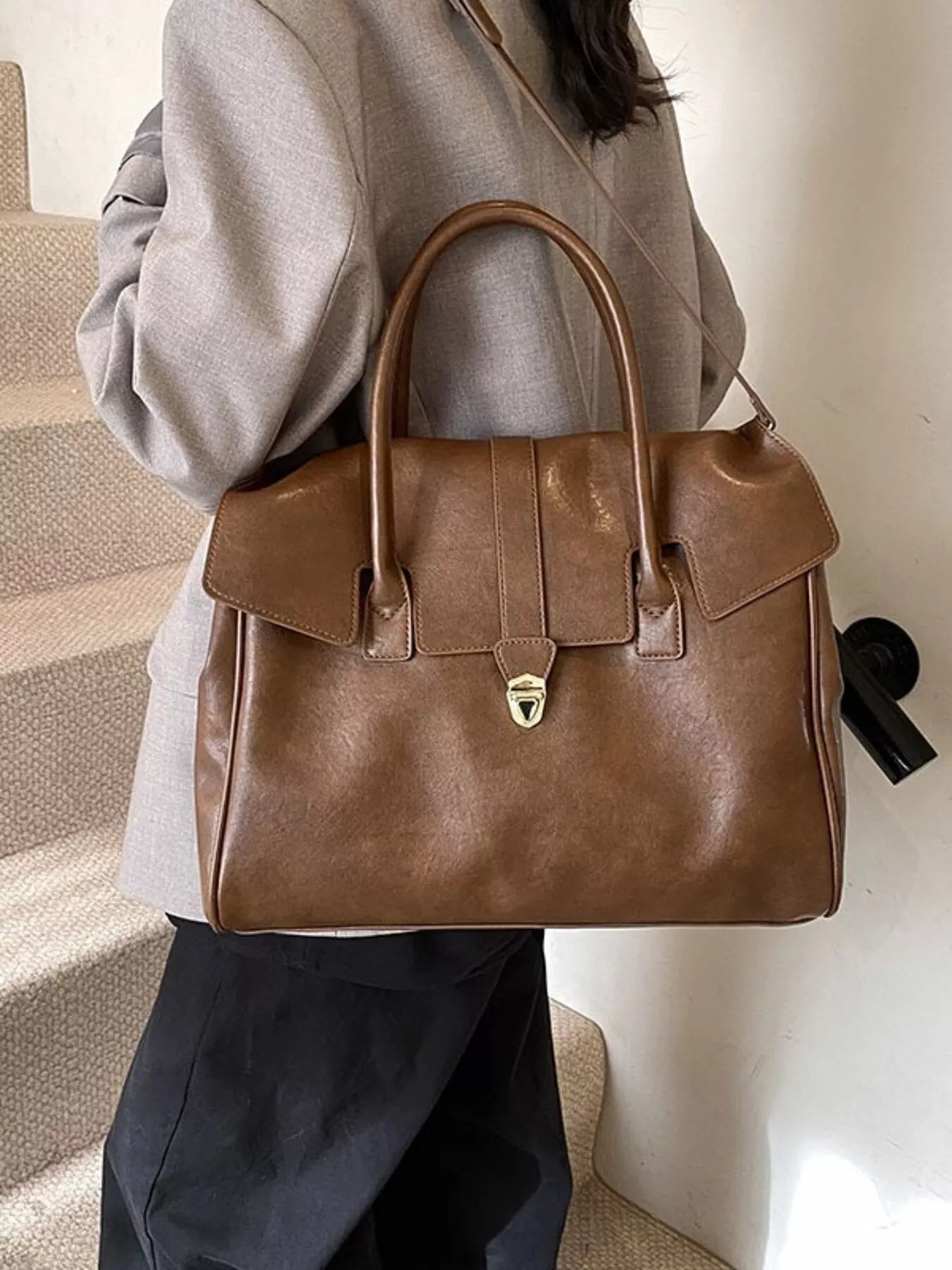 Large Black PU Leather Satchel Bag with Gold Tone Buckle Detail