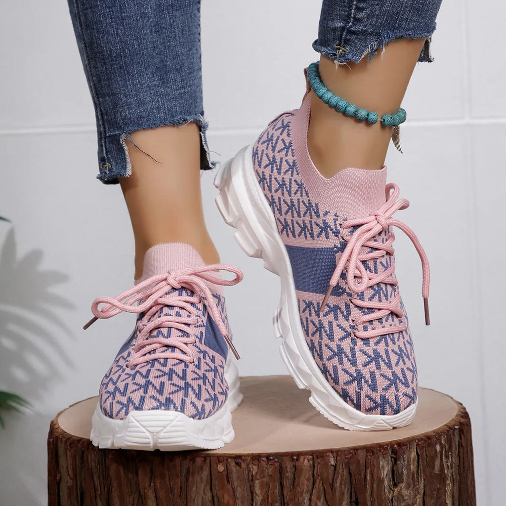 Women's Letter Print Lace-Up Sneakers with Chunky Pink Sole