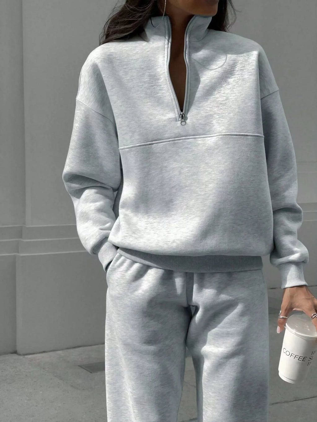 Women's Half Zip Sweatshirt & Pants Set - Grey Knit