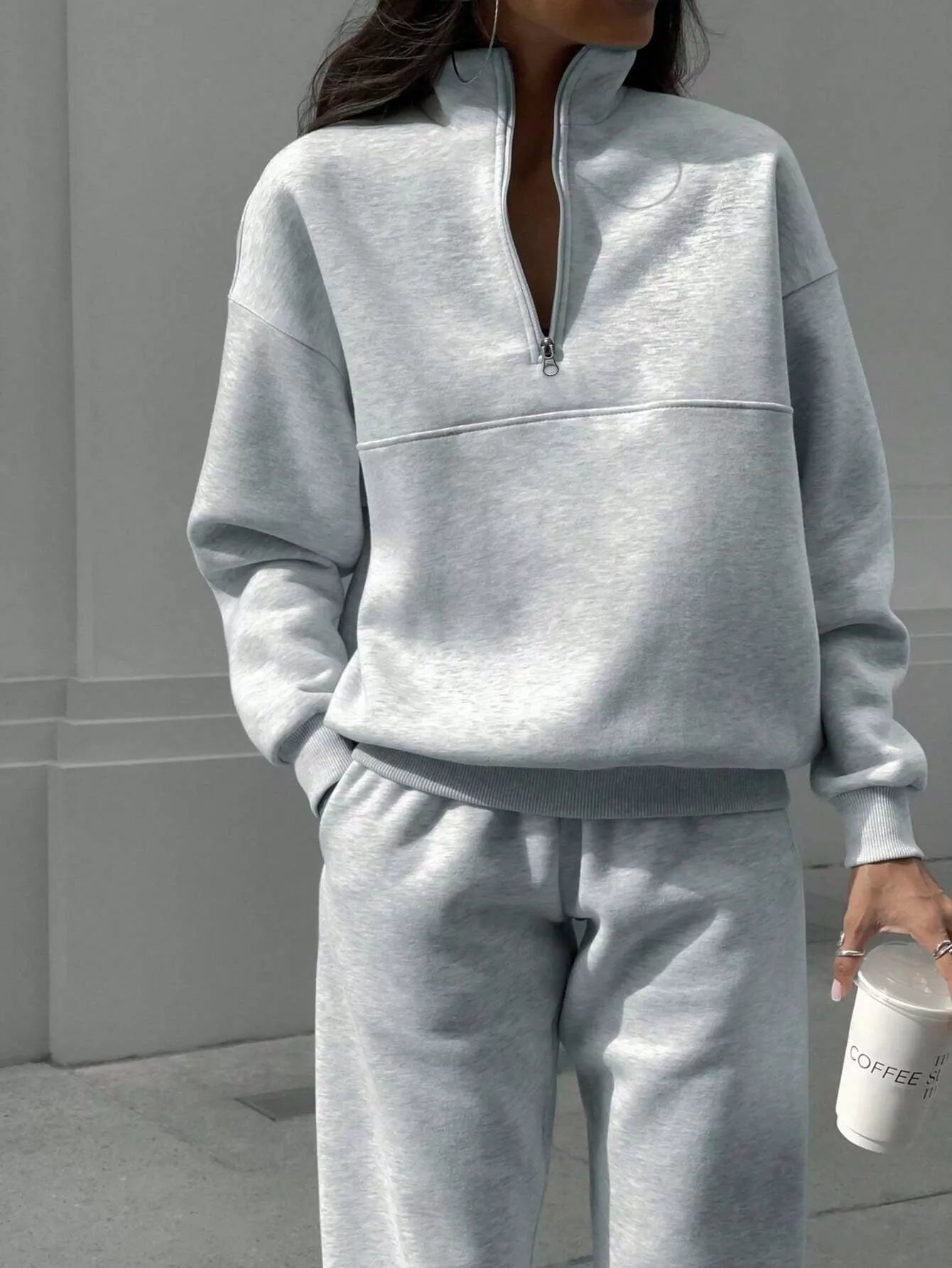 Women's Half Zip Sweatshirt & Pants Set - Grey Knit