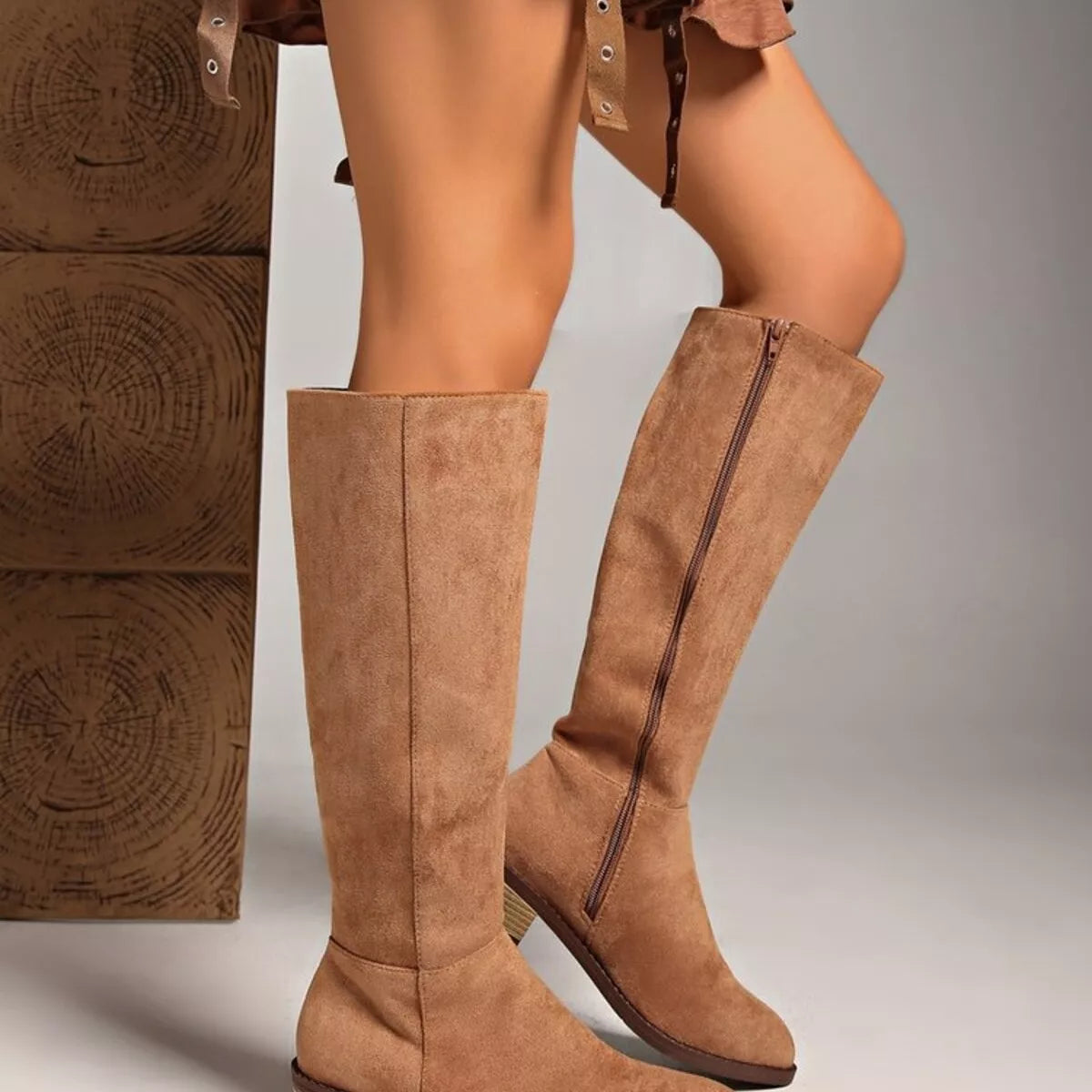 Women's Tan Suede Knee-High Boots with Mid Block Heel