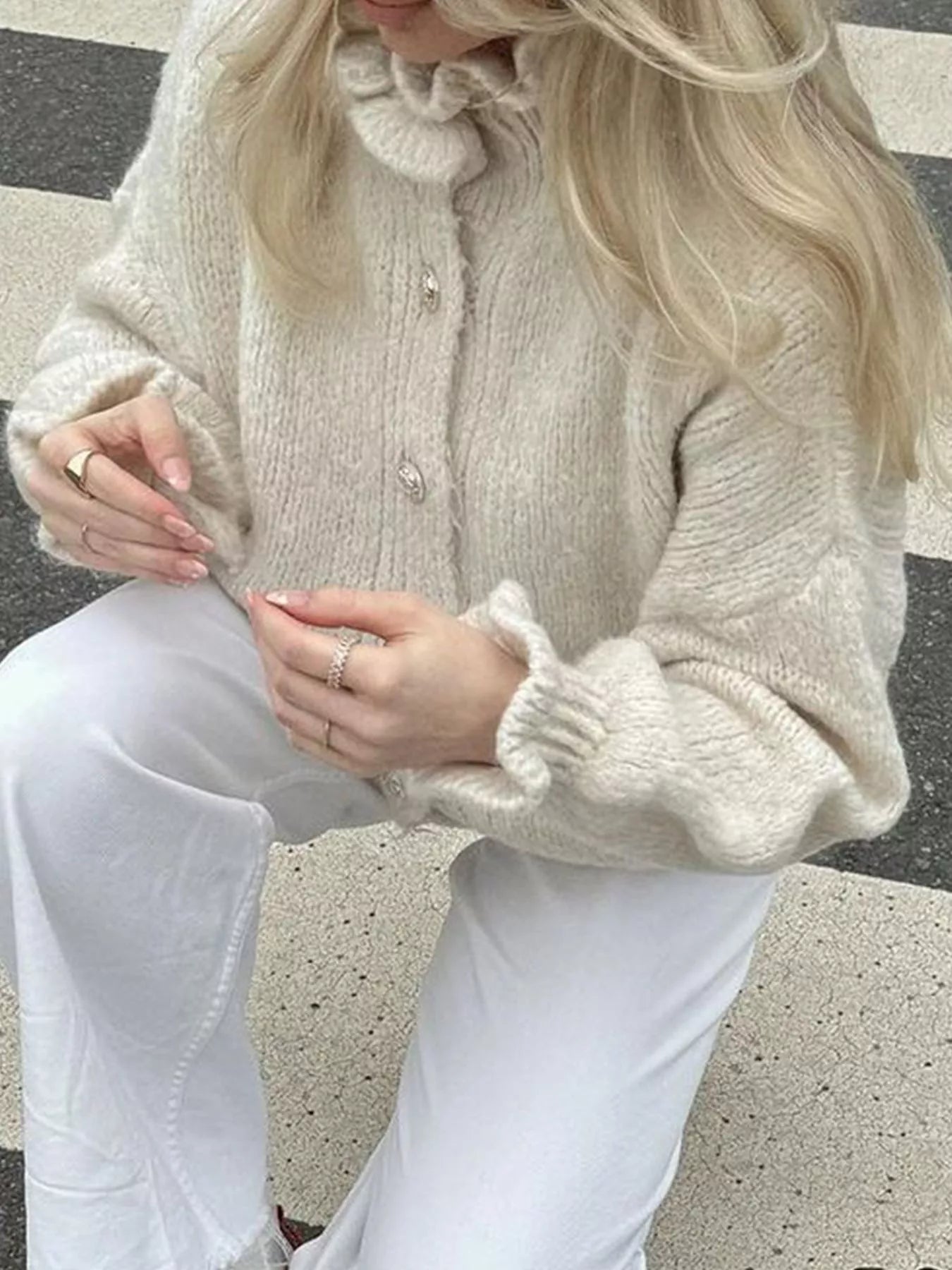 White Ribbed Ruffle Neck Button-Down Long Sleeve Cardigan