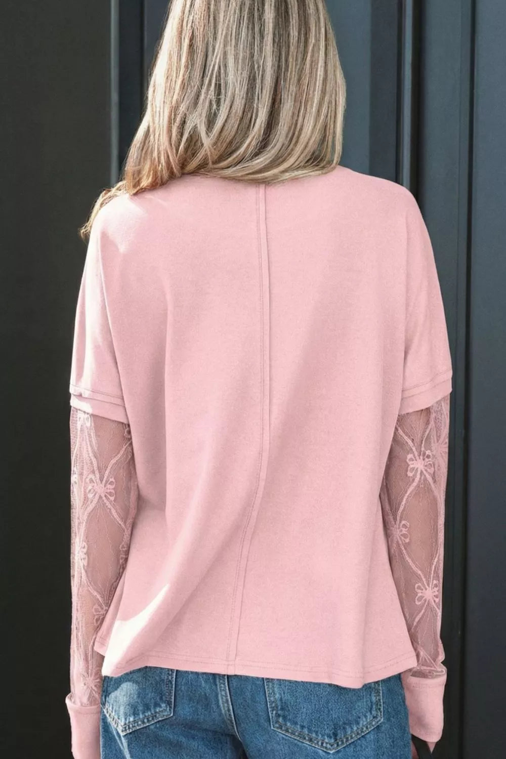 Pink Long Sleeve Tee with Sheer Lace Floral Patchwork Sleeves