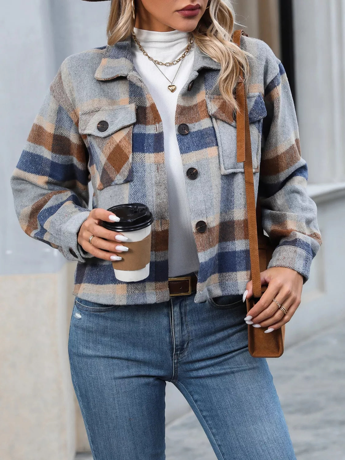 Women's Plaid Button-Up Shacket Casual Long Sleeve Jacket