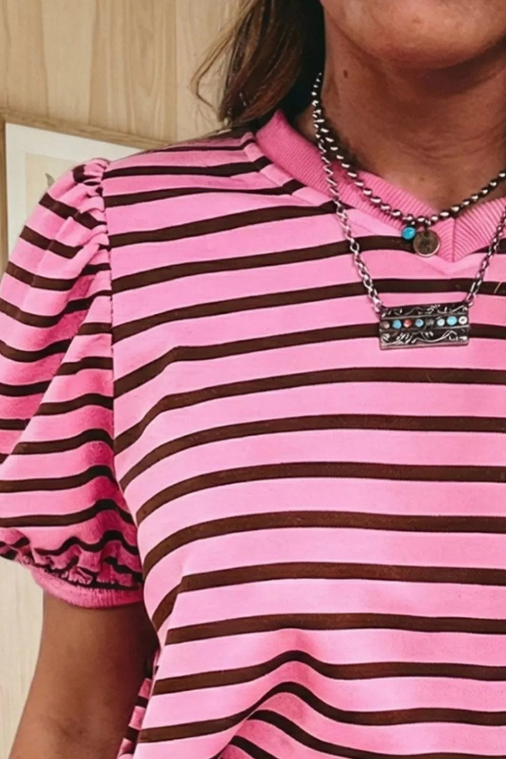 Pink and Brown Striped Puff Sleeve V-Neck Cotton Blend Top