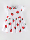 White Strawberry Print Ruffle Sleeve A-Line Dress