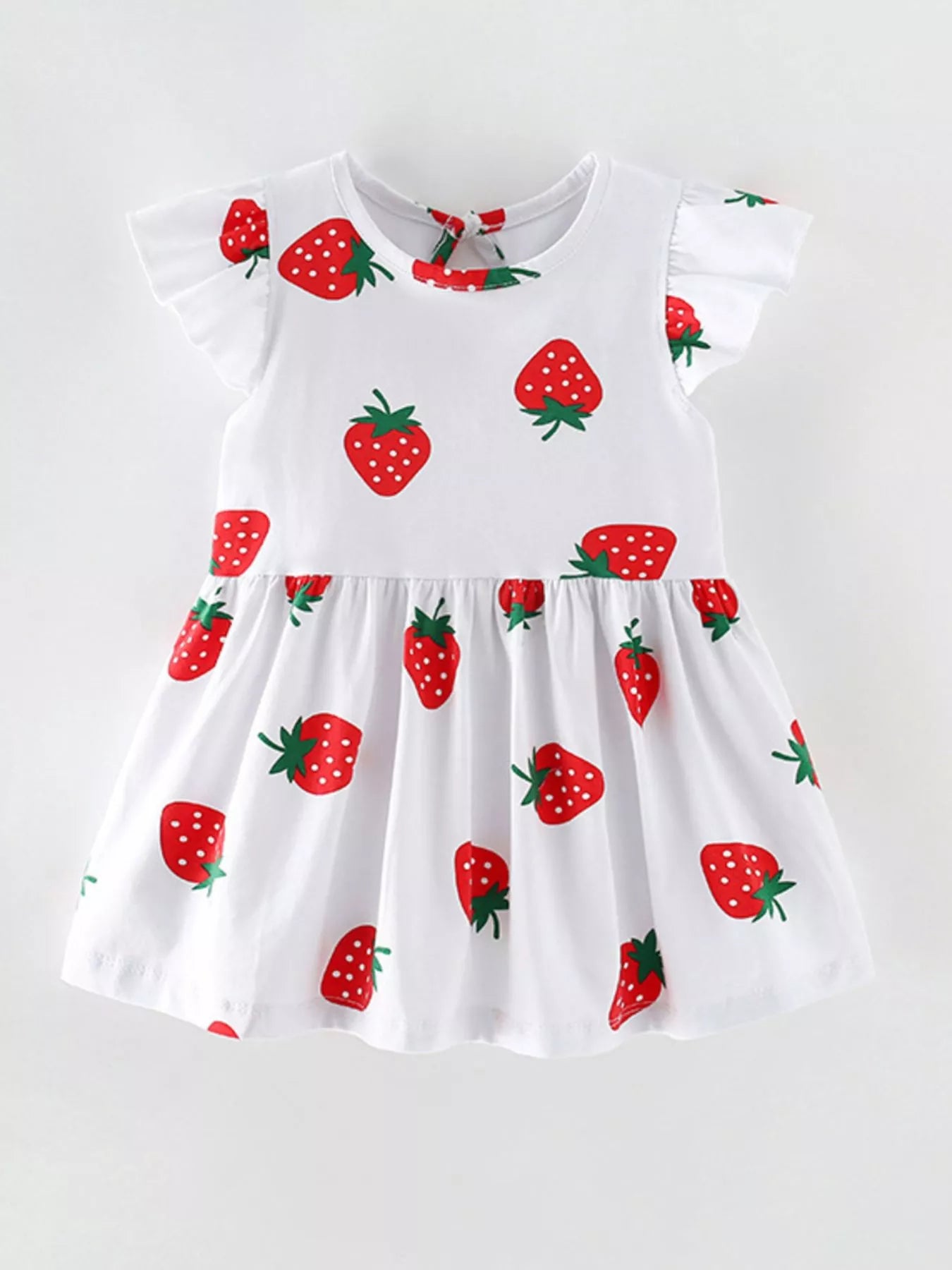 White Strawberry Print Ruffle Sleeve A-Line Dress