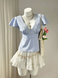 Blue Striped V-Neck Blouse with Delicate White Lace Trim