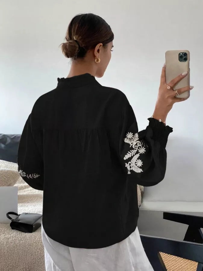 Women's Embroidered White Long Sleeve Notched Collar Blouse