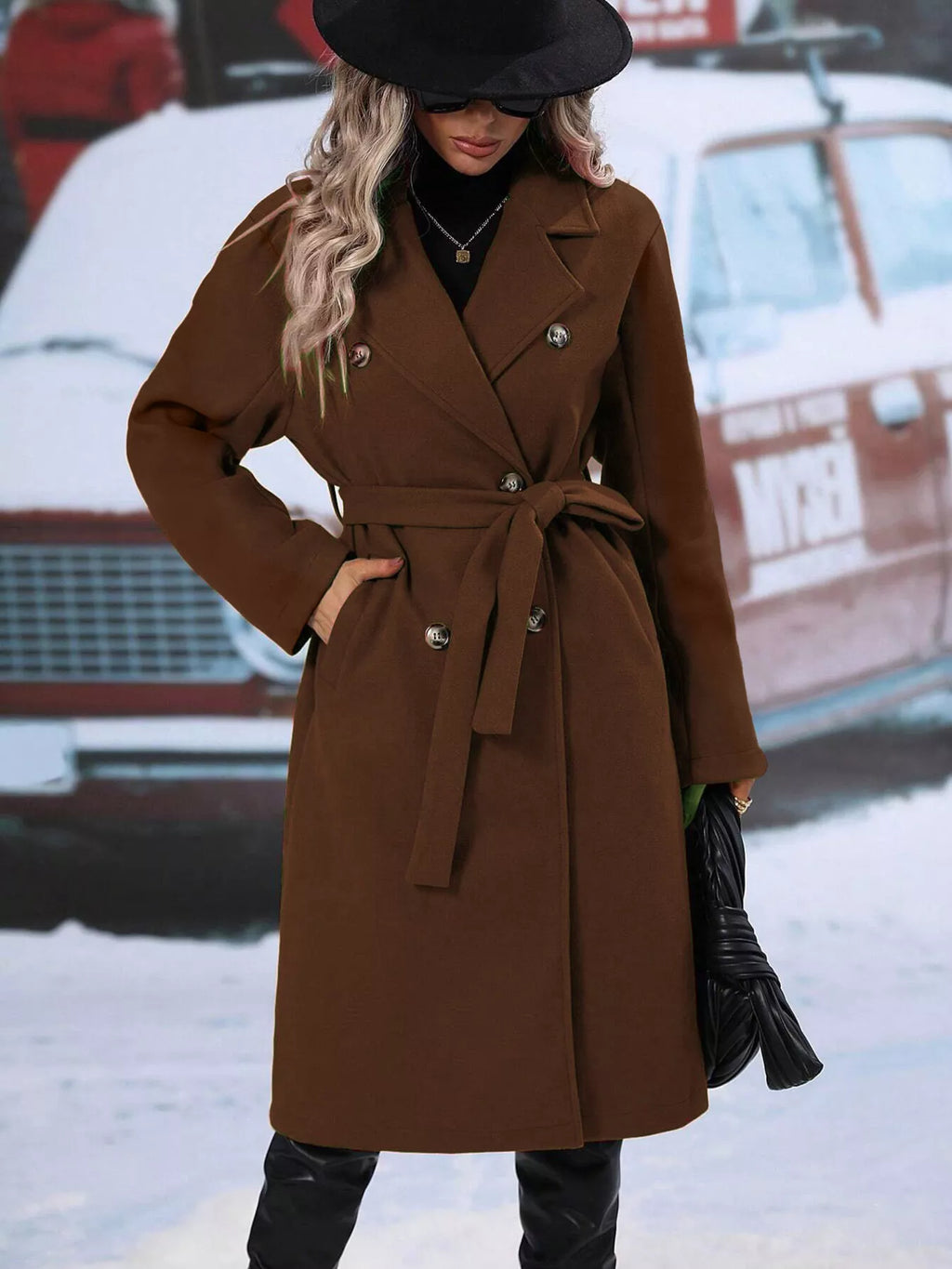 Women's Red Double-Breasted Lapel Collar Belted Long Overcoat