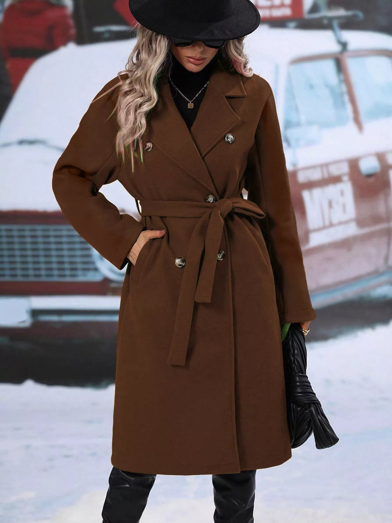 Women's Red Double-Breasted Lapel Collar Belted Long Overcoat